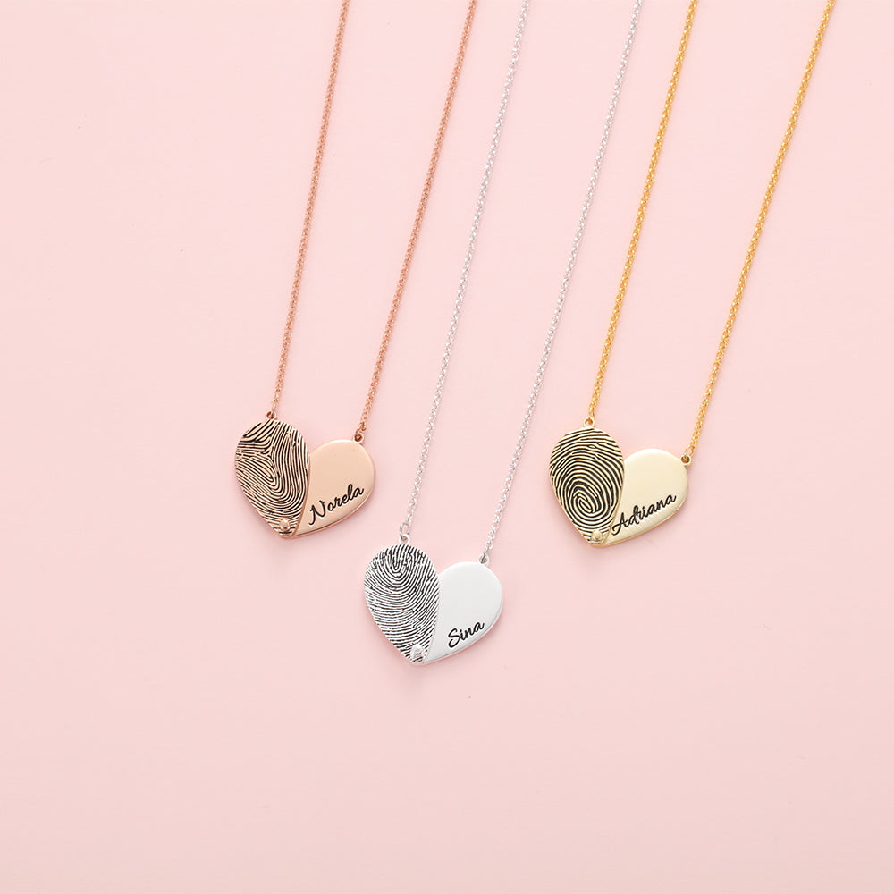 Fingerprint Half Heart Name Necklace