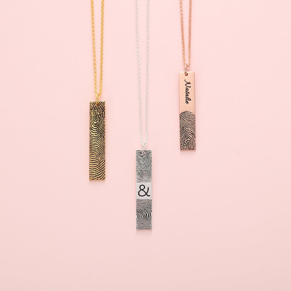 Fingerprint and Name Vertical Bar Pendant