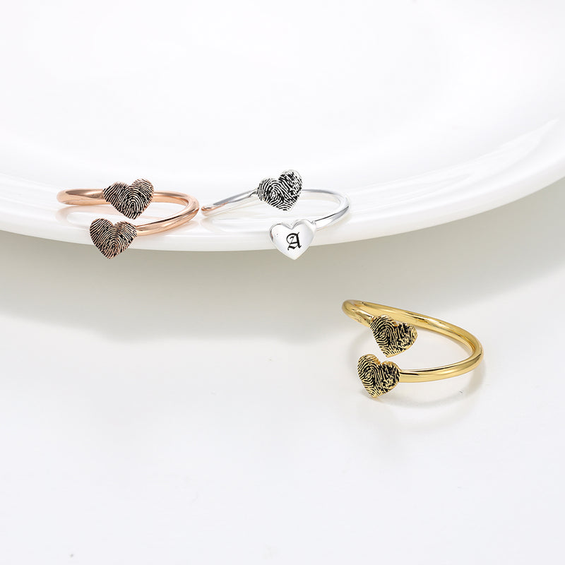 Personalized Double Heart Fingerprint Open Ring