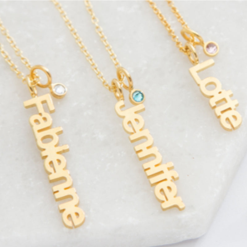 Vertical Name Necklace with Birthstone