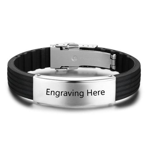 Men's Engraved ID Bar Bracelet with Black Strap