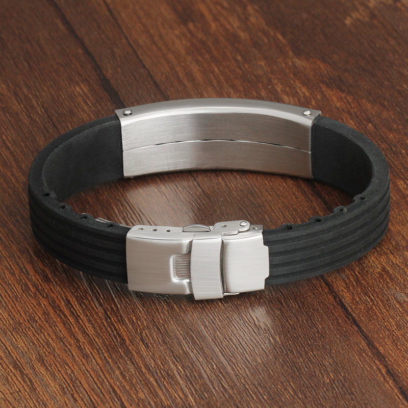 Men's Engraved ID Bar Bracelet with Black Strap
