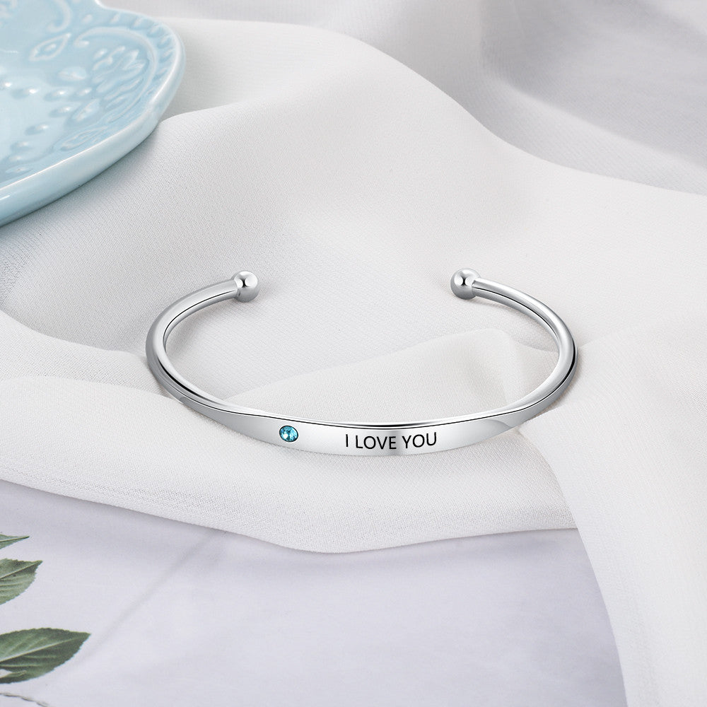 Engraved Cuff Bangle with Birthstone