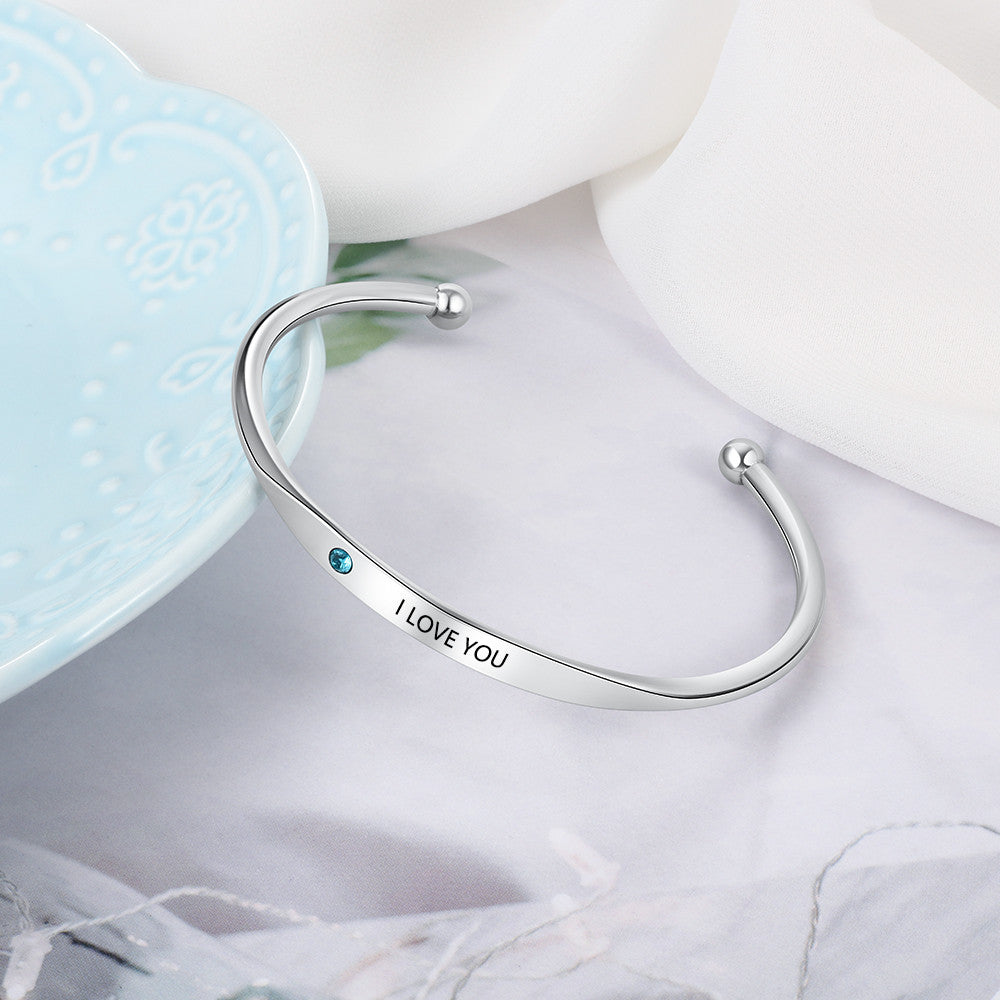 Engraved Cuff Bangle with Birthstone