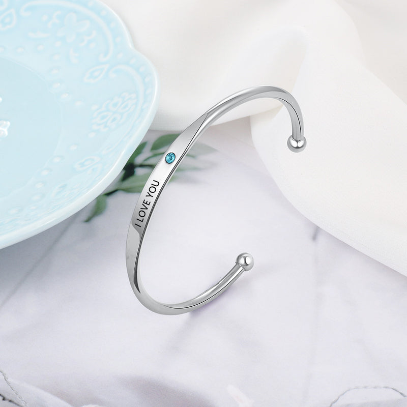 Engraved Cuff Bangle with Birthstone