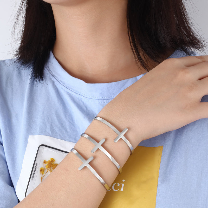 Stainless Steel Sideways Cross Name Bangle