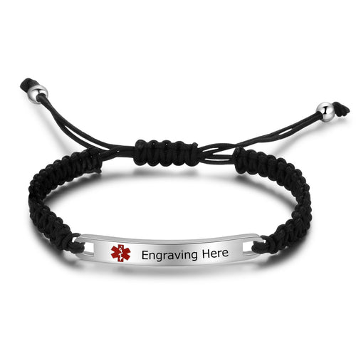 Men's Engraved Medical ID Black Rope Bracelet