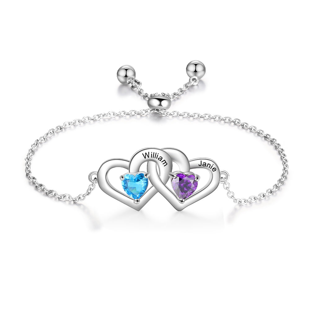 Double Heart Birthstone Engraved Slider Bracelet