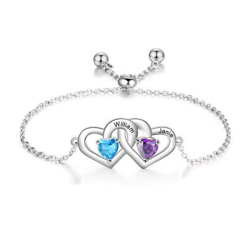 Double Heart Birthstone Engraved Slider Bracelet