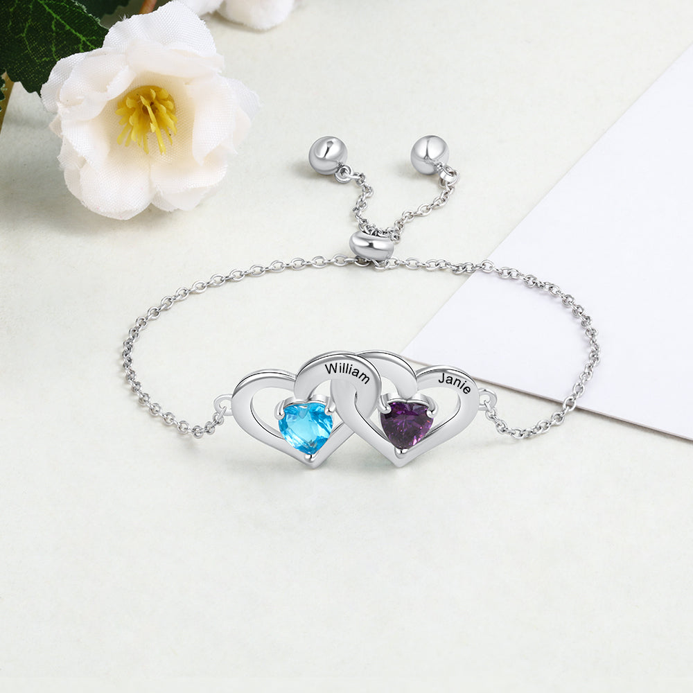 Double Heart Birthstone Engraved Slider Bracelet