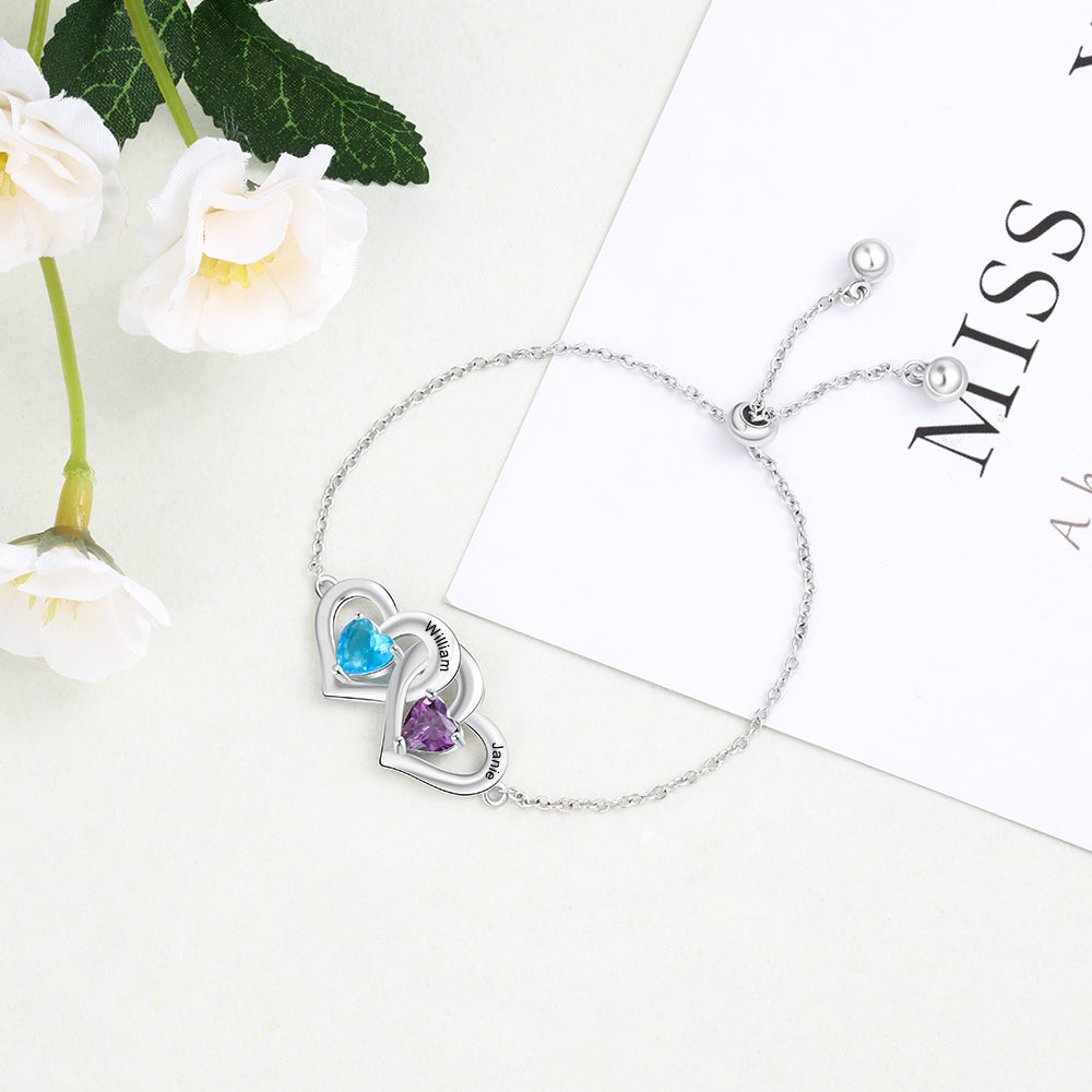 Double Heart Birthstone Engraved Slider Bracelet