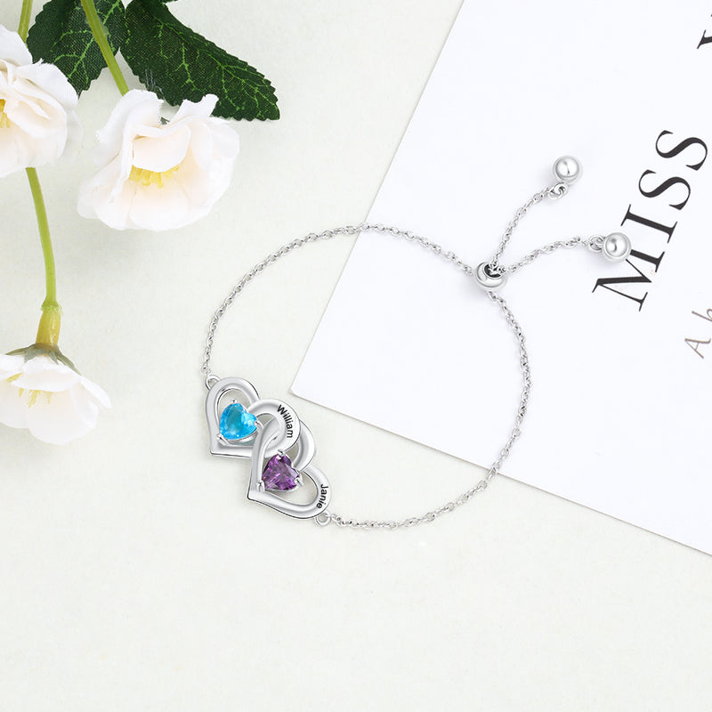 Double Heart Birthstone Engraved Slider Bracelet