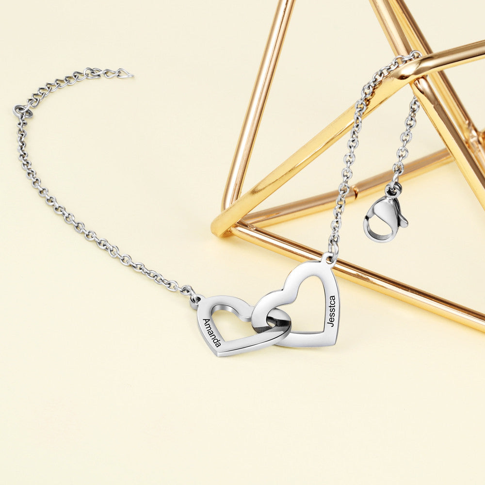 Interlocking Hearts Two Name Chain Bracelet