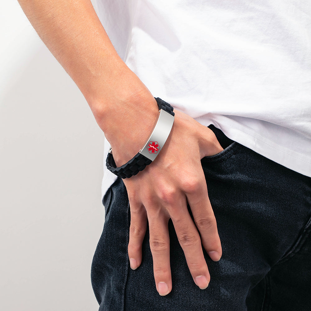 Engraved Medical Alert Silicone Bracelet, Red or Blue