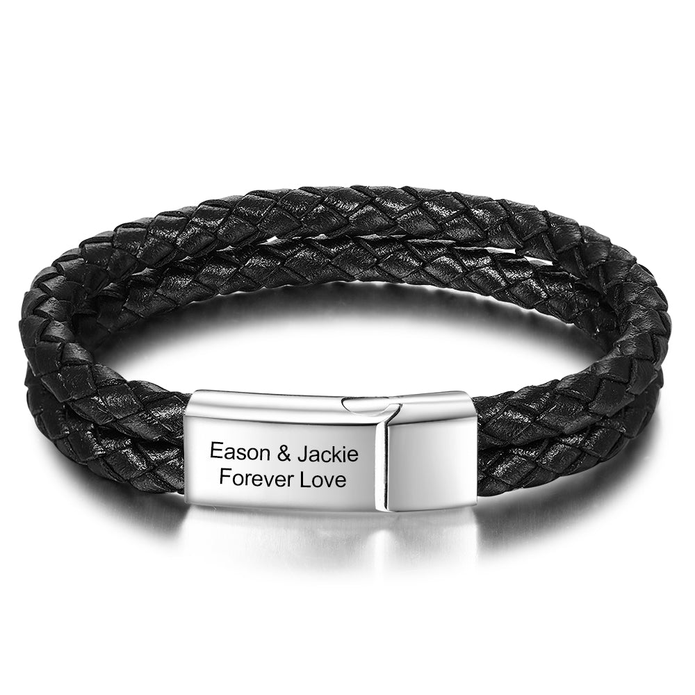Men's Braided Leather Engraved Bar Bracelet