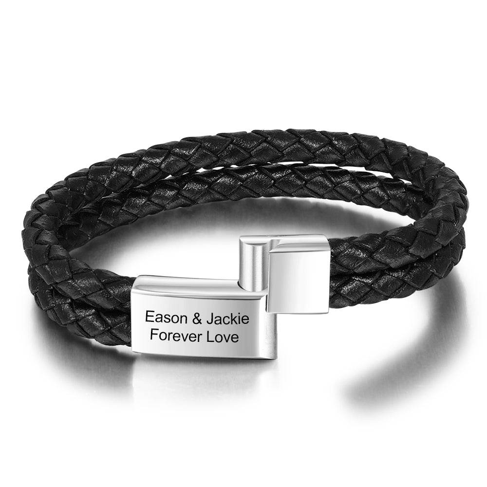 Men's Braided Leather Engraved Bar Bracelet