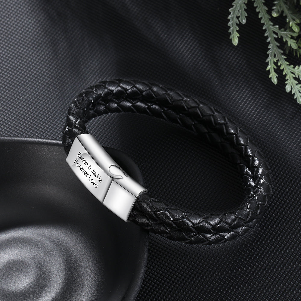 Men's Braided Leather Engraved Bar Bracelet