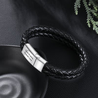 Men's Braided Leather Engraved Bar Bracelet