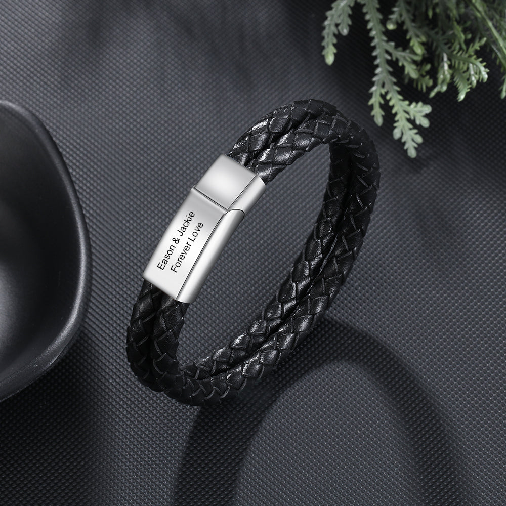 Men's Braided Leather Engraved Bar Bracelet