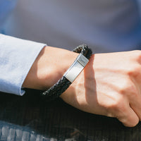 Men's Braided Leather Engraved Bar Bracelet