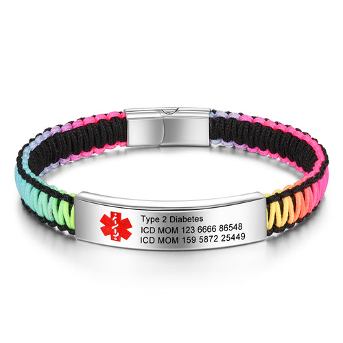 Rainbow Braided Engraved Medical Alert Bracelet
