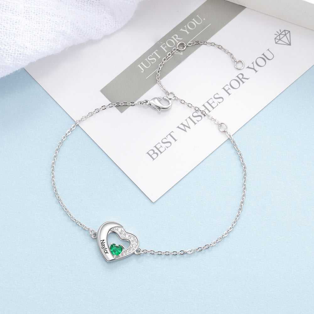 Sterling Silver Heart Name Birthstone Bracelet
