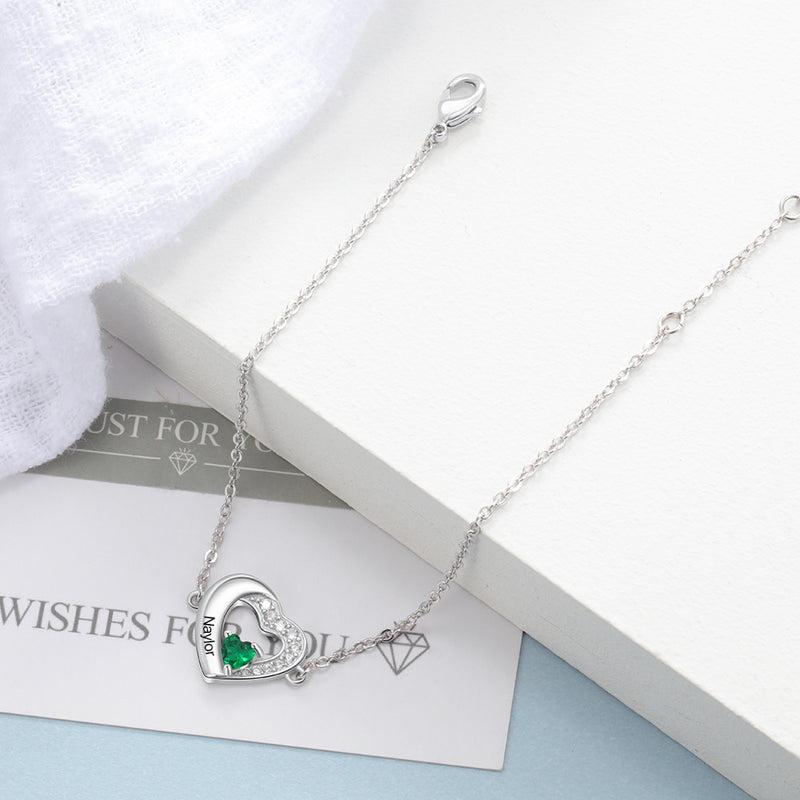 Sterling Silver Heart Name Birthstone Bracelet