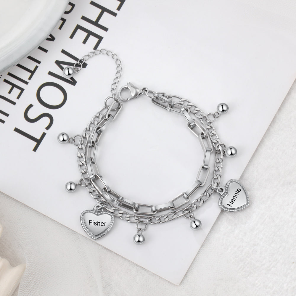 Layered Heart Name Charm Chain Bracelet