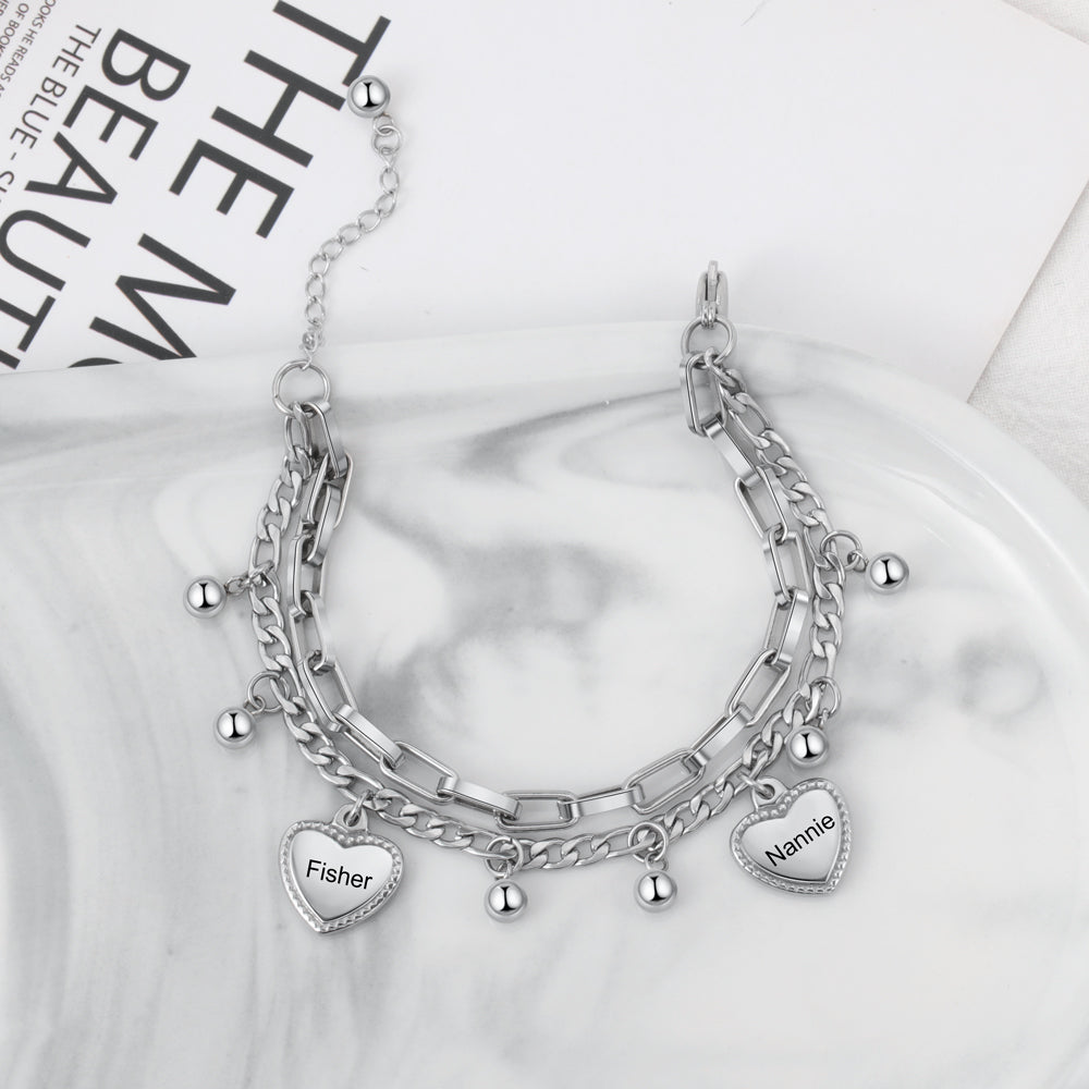 Layered Heart Name Charm Chain Bracelet