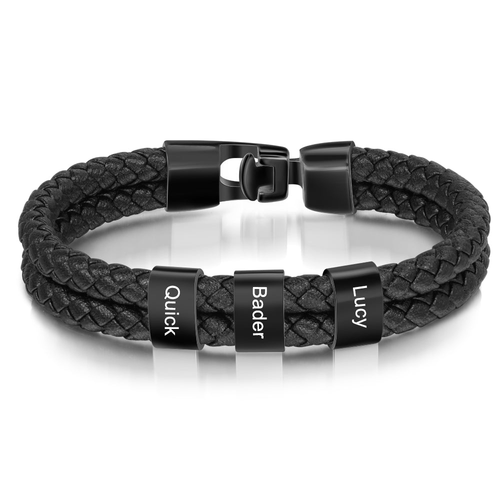 Men's Double Braided Leather Black Name Bead Bracelet