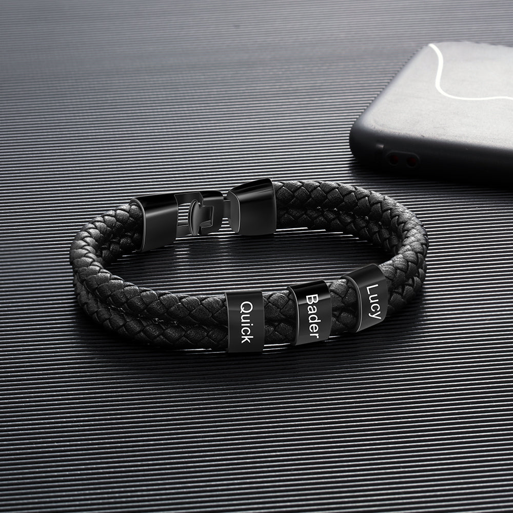 Men's Double Braided Leather Black Name Bead Bracelet