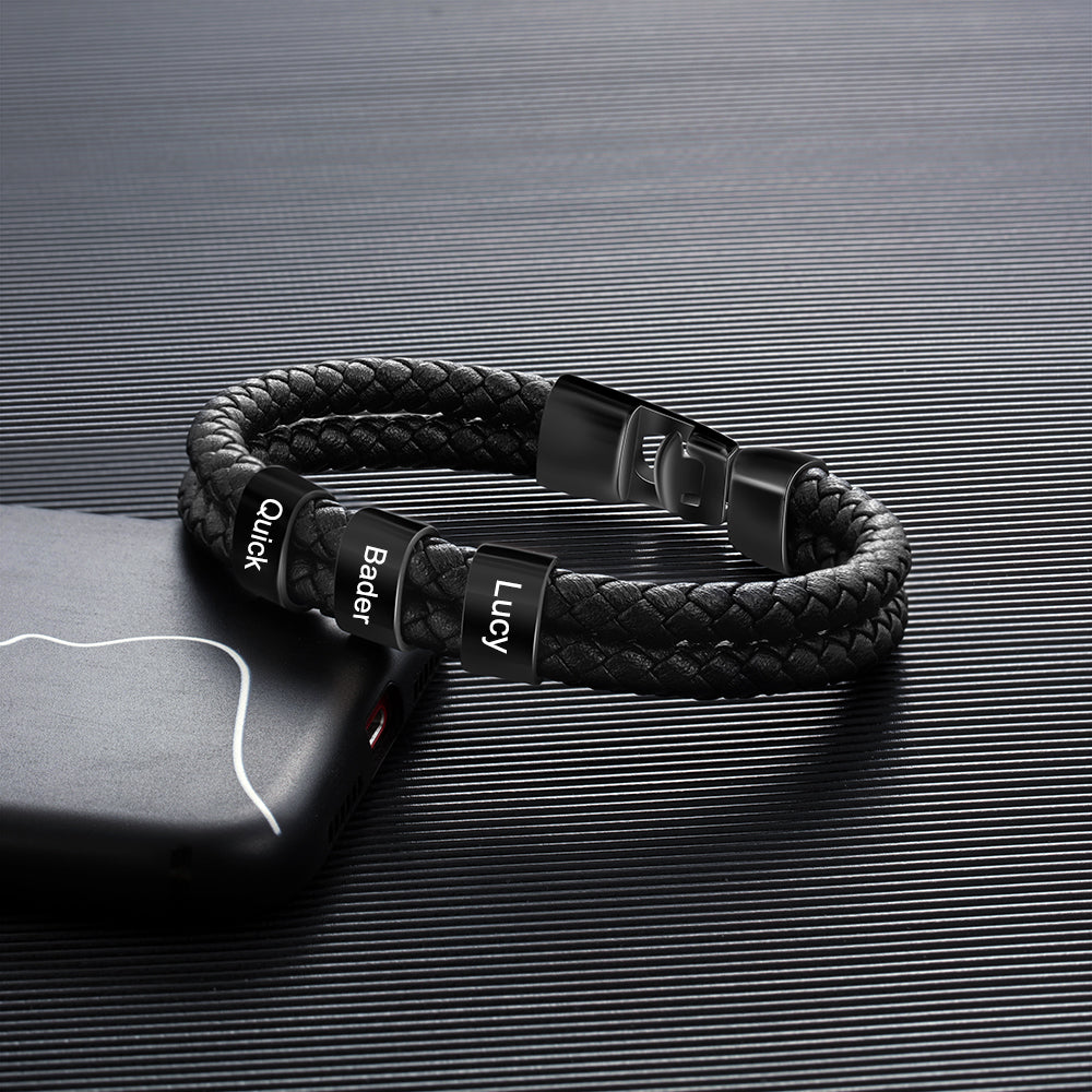 Men's Double Braided Leather Black Name Bead Bracelet