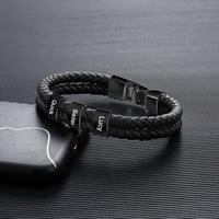 Men's Double Braided Leather Black Name Bead Bracelet