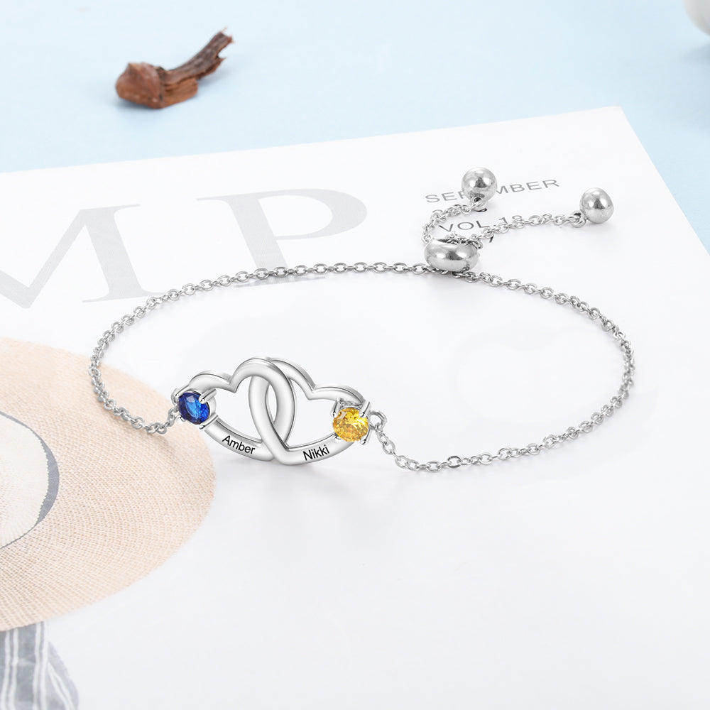 Interlocking Hearts Name Birthstone Slider Bracelet