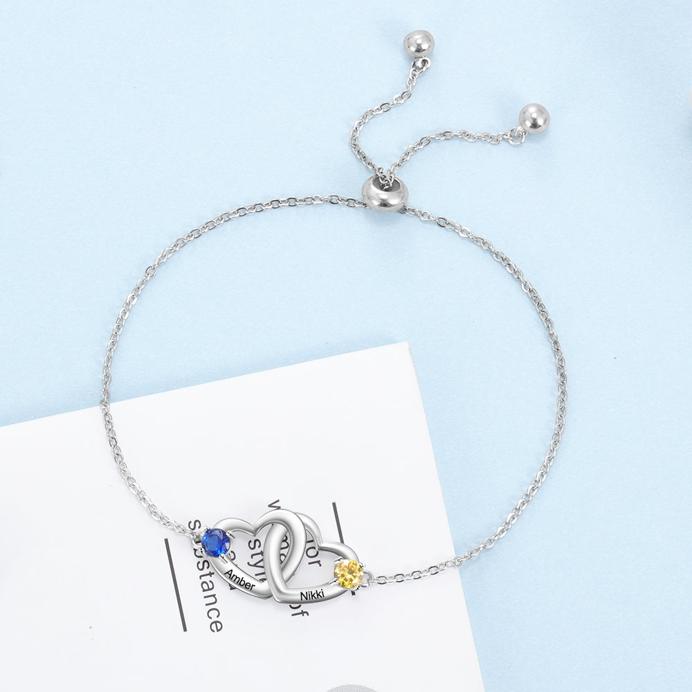 Interlocking Hearts Name Birthstone Slider Bracelet