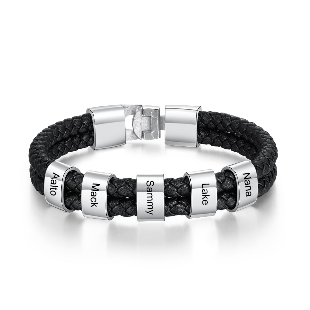 Men's Double Braided Leather Silver Name Bead Bracelet