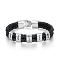 Men's Double Braided Leather Silver Name Bead Bracelet