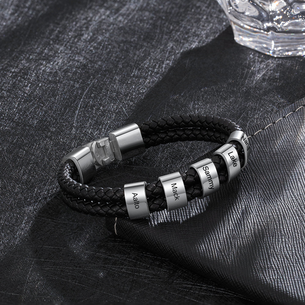 Men's Double Braided Leather Silver Name Bead Bracelet