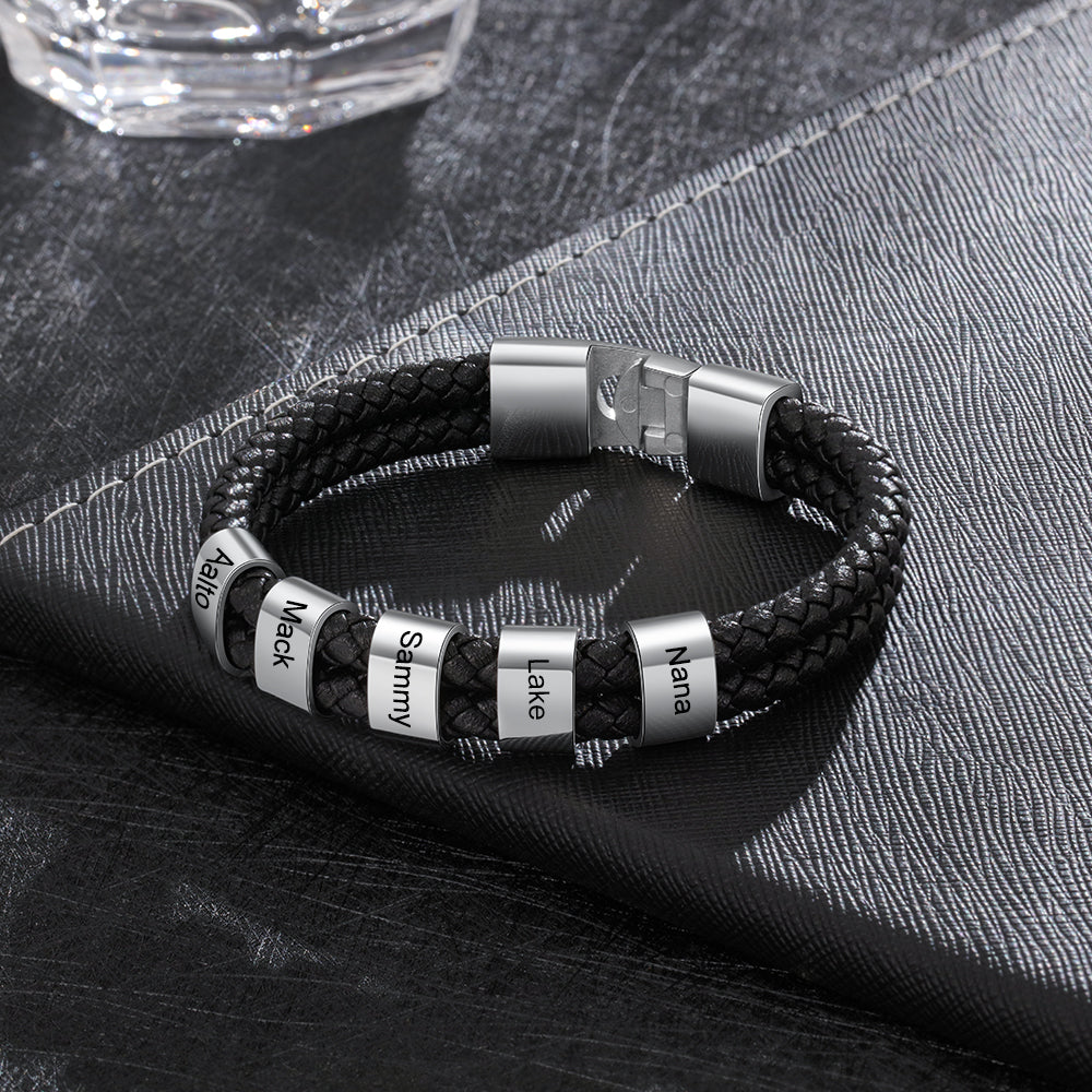 Men's Double Braided Leather Silver Name Bead Bracelet