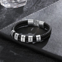 Men's Double Braided Leather Silver Name Bead Bracelet
