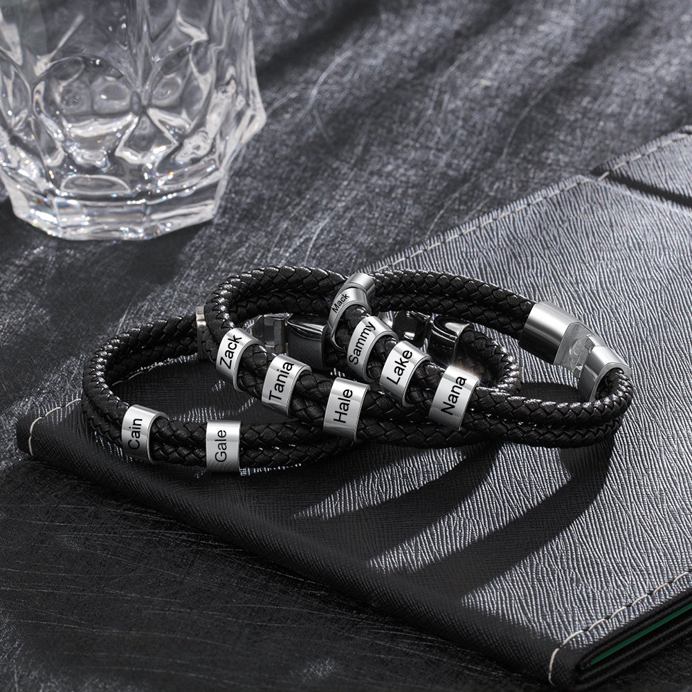 Men's Double Braided Leather Silver Name Bead Bracelet