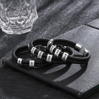 Men's Double Braided Leather Silver Name Bead Bracelet