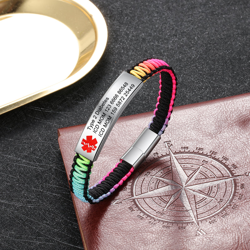 Rainbow Braided Engraved Medical Alert Bracelet