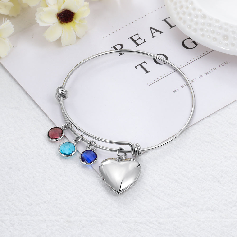 Birthstone Charm Bangle with Heart Photo Locket
