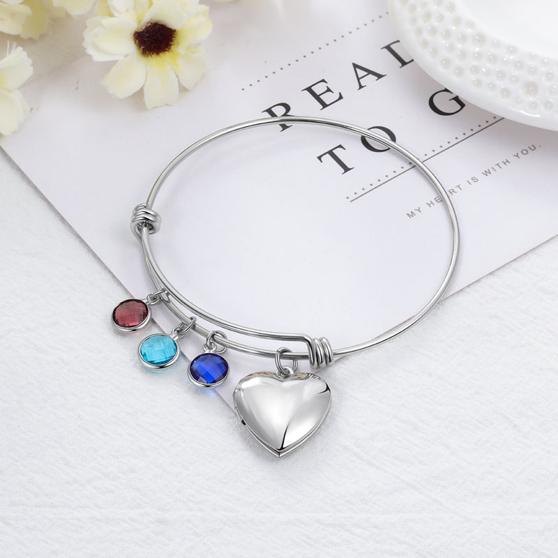Birthstone Charm Bangle with Heart Photo Locket