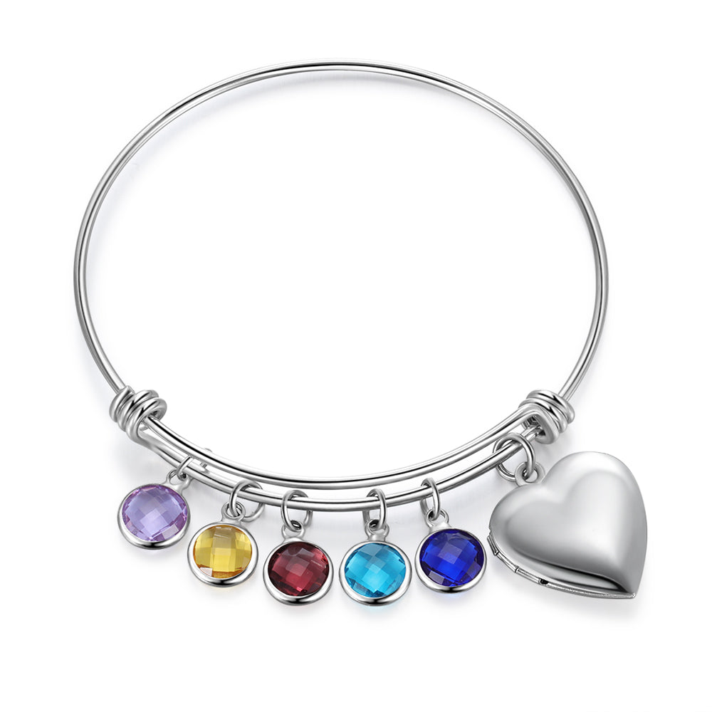 Birthstone Charm Bangle with Heart Photo Locket