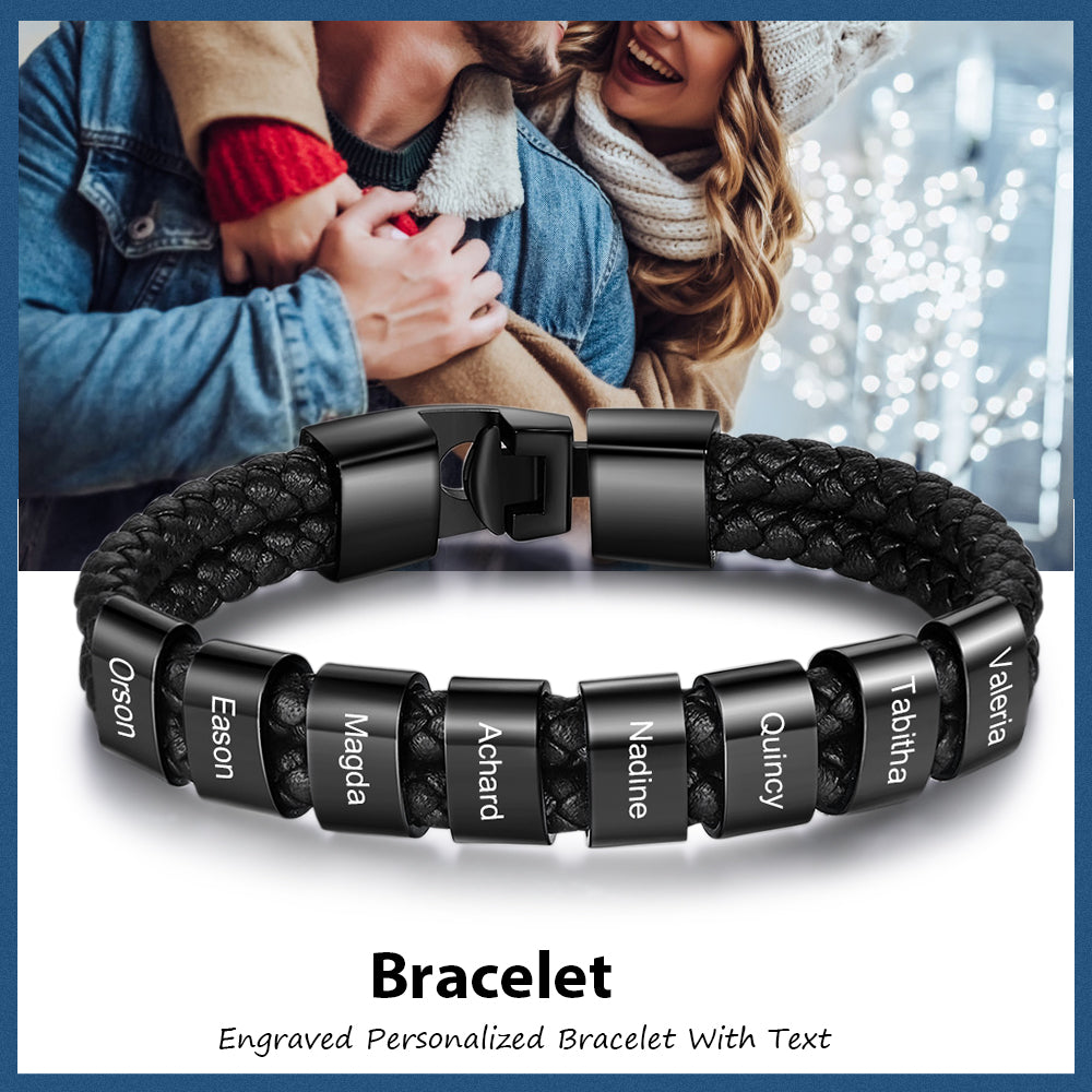 Men's Double Braided Leather Black Name Bead Bracelet