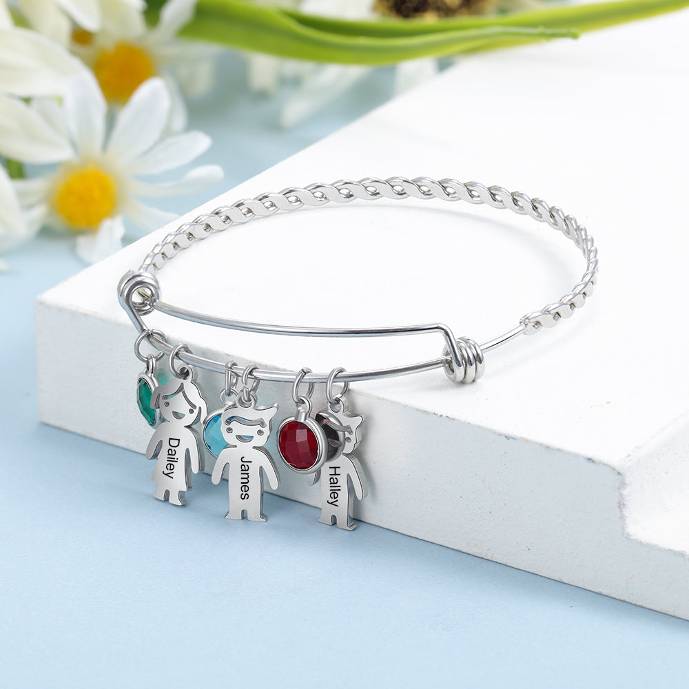 Twisted Bangle with Kids Name and Birthstone Charms