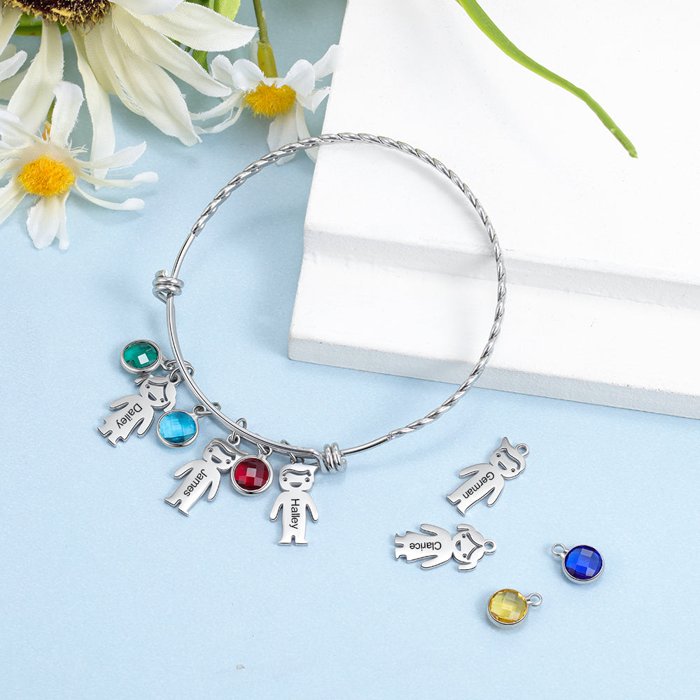 Twisted Bangle with Kids Name and Birthstone Charms
