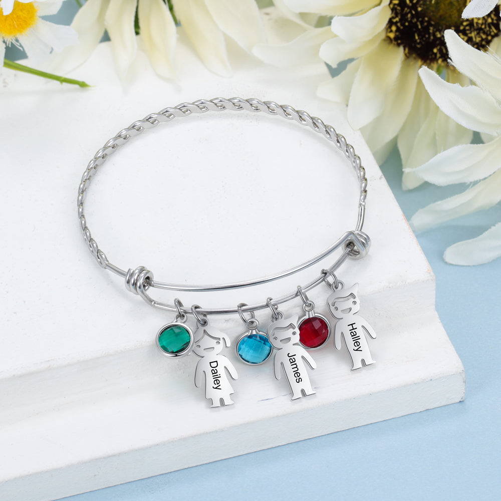Twisted Bangle with Kids Name and Birthstone Charms